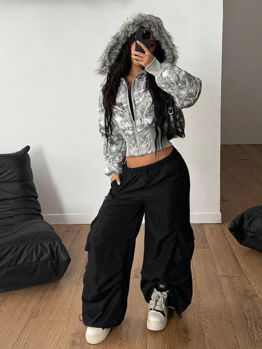 Coolane Women's Winter RETRO PUNK Hippie Grunge  Streetwear  Vintage Tree Branch Pattern Warm/ Cold Weather/ Thermal Padded Fuzzy Neck Zip Up Quilted Coat Cropped Puffer Jacket Faux Fur Trimmed Jacket Camo Jacket