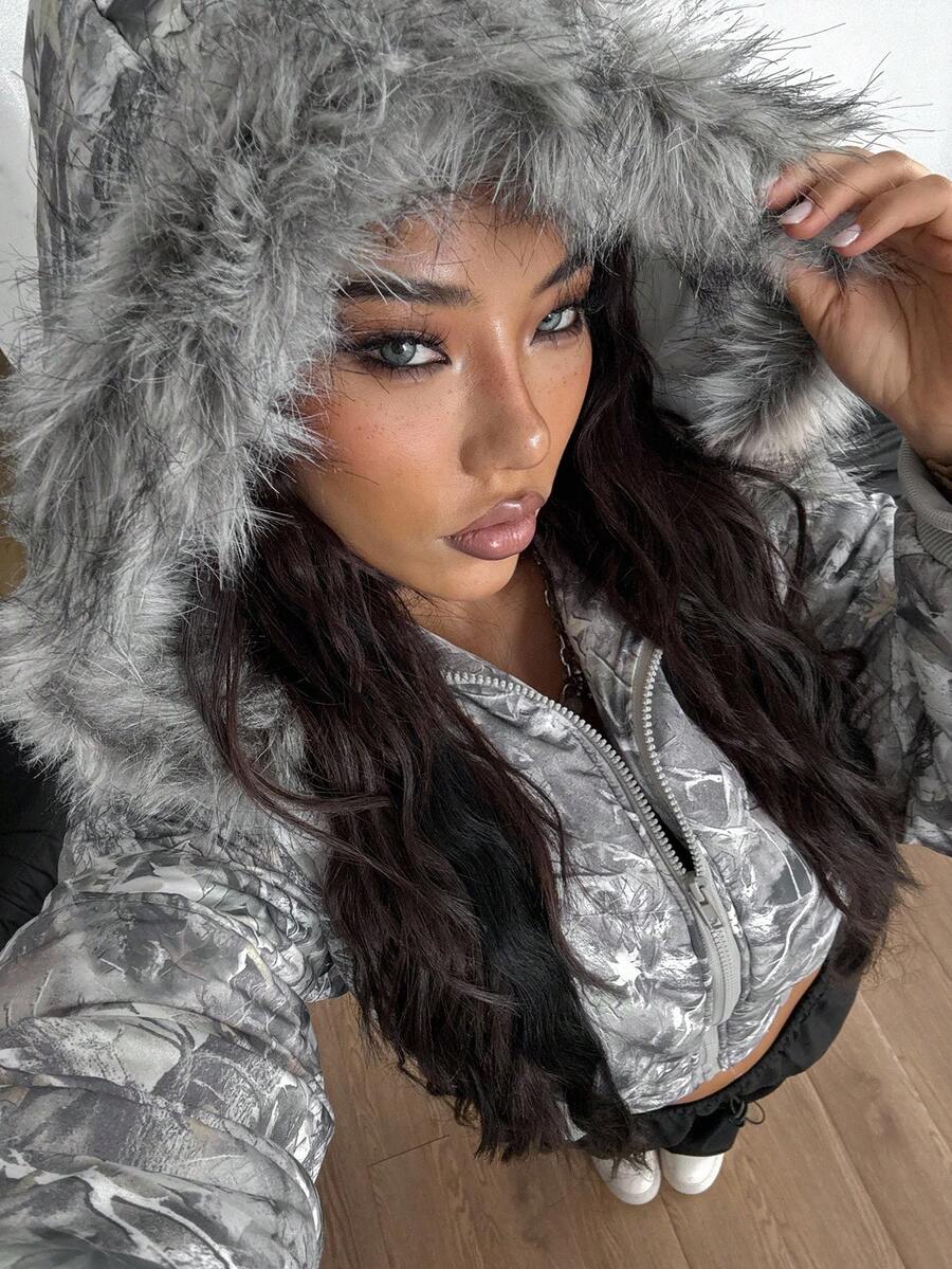 Coolane Women's Winter Streetwear Basic Daily Wear Quilted Coat With Flannelette Hat Brown Warm/ Cold Weather/ Thermal Crop Jacket