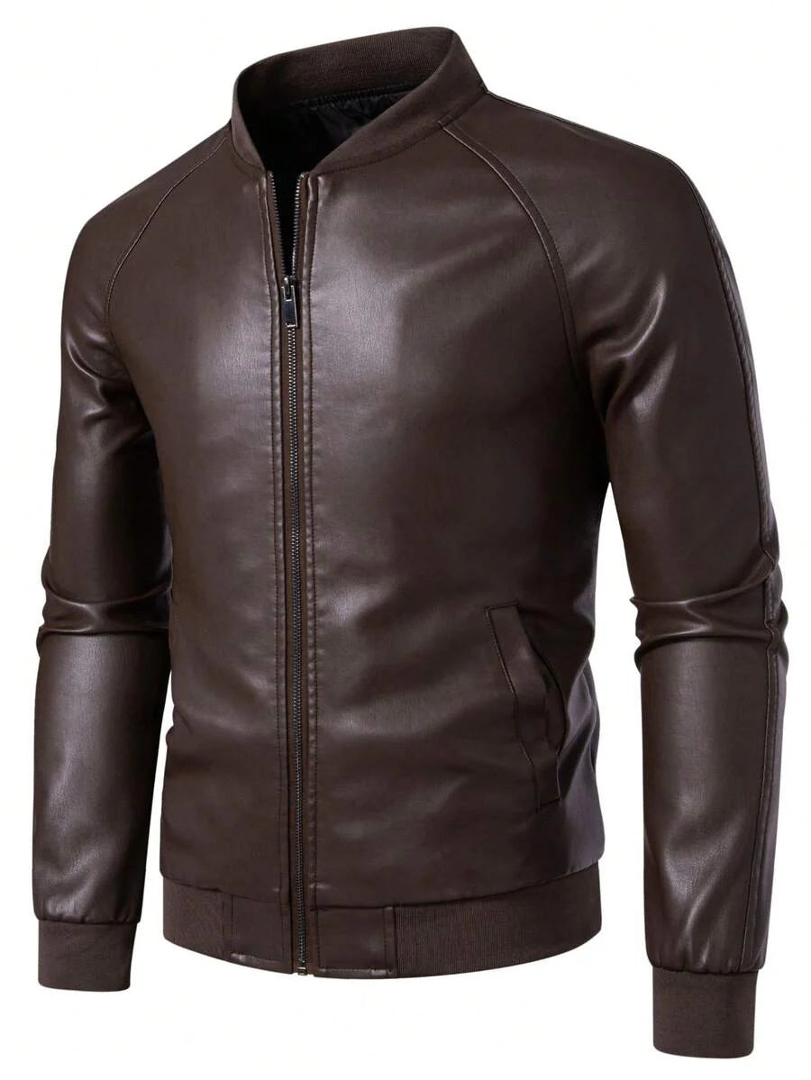 1pc Men's PU Leather Jacket, Casual Zip-Up Raglan Collar Motorcycle Riding Outerwear, Suitable For Spring/Autumn,Fleece