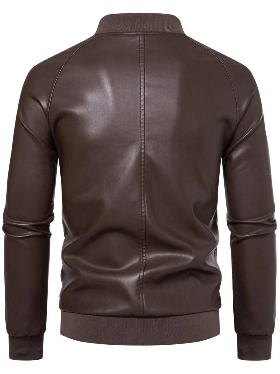 1pc Men's PU Leather Jacket, Casual Zip-Up Raglan Collar Motorcycle Riding Outerwear, Suitable For Spring/Autumn,Fleece