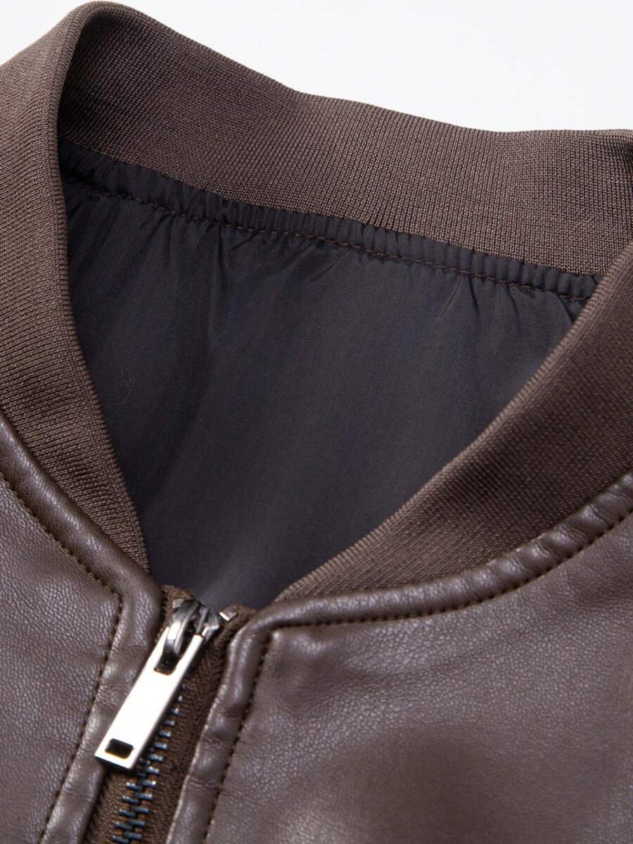 1pc Men's PU Leather Jacket, Casual Zip-Up Raglan Collar Motorcycle Riding Outerwear, Suitable For Spring/Autumn,Fleece