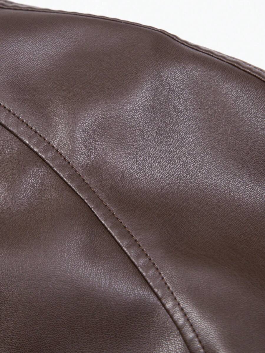 1pc Men's PU Leather Jacket, Casual Zip-Up Raglan Collar Motorcycle Riding Outerwear, Suitable For Spring/Autumn,Fleece
