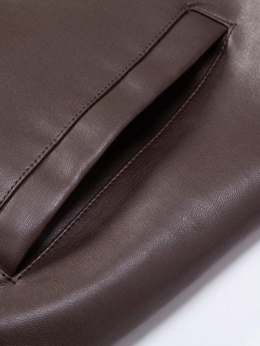1pc Men's PU Leather Jacket, Casual Zip-Up Raglan Collar Motorcycle Riding Outerwear, Suitable For Spring/Autumn,Fleece