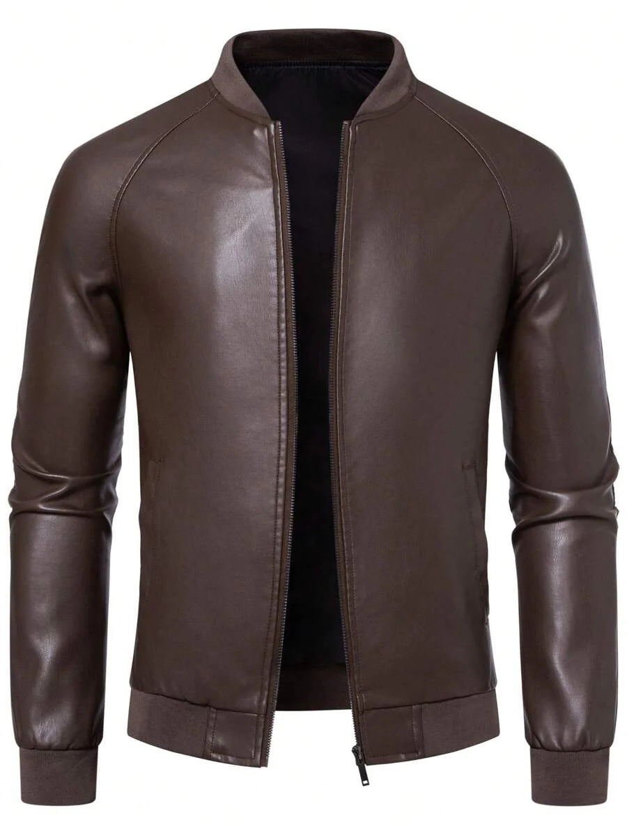 1pc Men's PU Leather Jacket, Casual Zip-Up Raglan Collar Motorcycle Riding Outerwear, Suitable For Spring/Autumn,Fleece