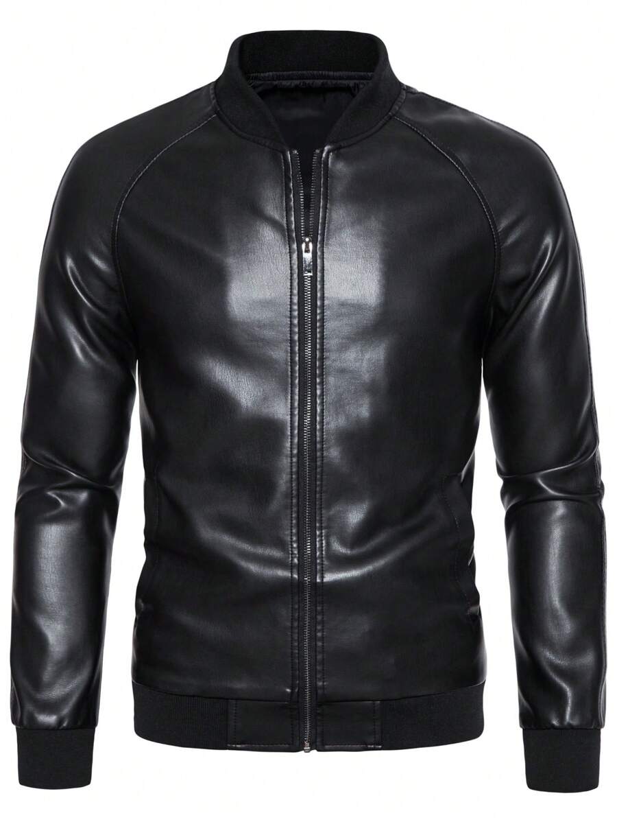 1pc Men's PU Leather Jacket, Casual Zip-Up Raglan Collar Motorcycle Riding Outerwear, Suitable For Spring/Autumn,Fleece