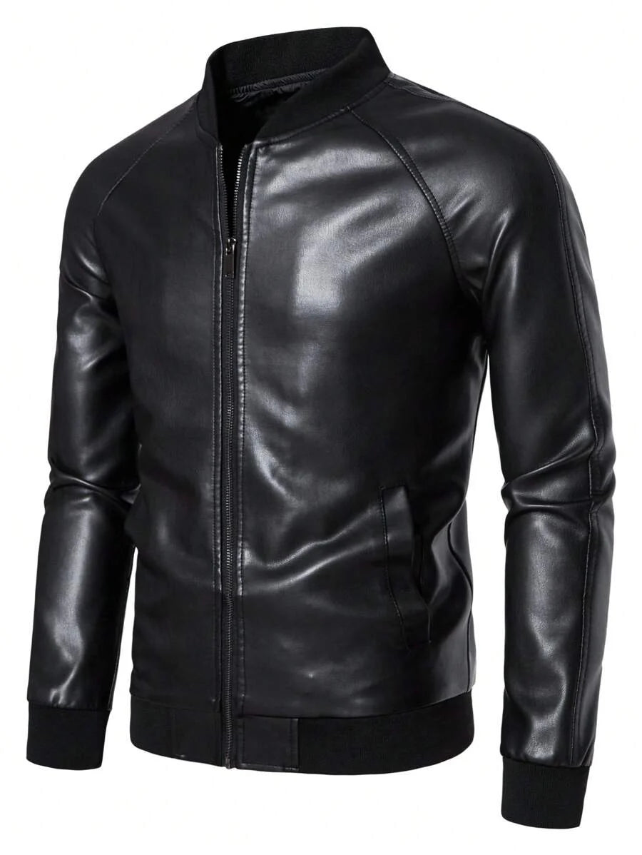 1pc Men's PU Leather Jacket, Casual Zip-Up Raglan Collar Motorcycle Riding Outerwear, Suitable For Spring/Autumn,Fleece