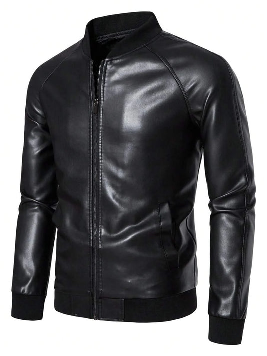 1pc Men's PU Leather Jacket, Casual Zip-Up Raglan Collar Motorcycle Riding Outerwear, Suitable For Spring/Autumn,Fleece