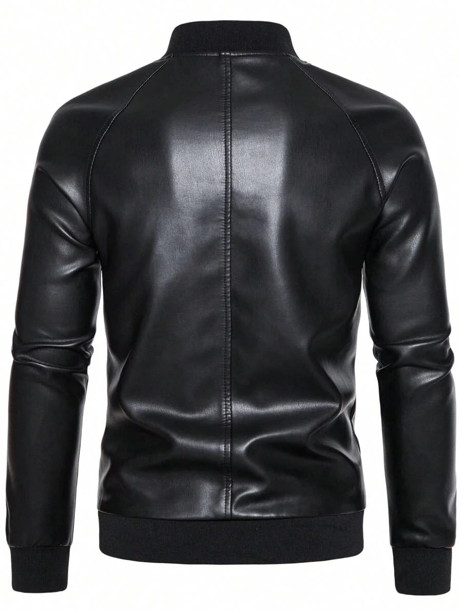 1pc Men's PU Leather Jacket, Casual Zip-Up Raglan Collar Motorcycle Riding Outerwear, Suitable For Spring/Autumn,Fleece
