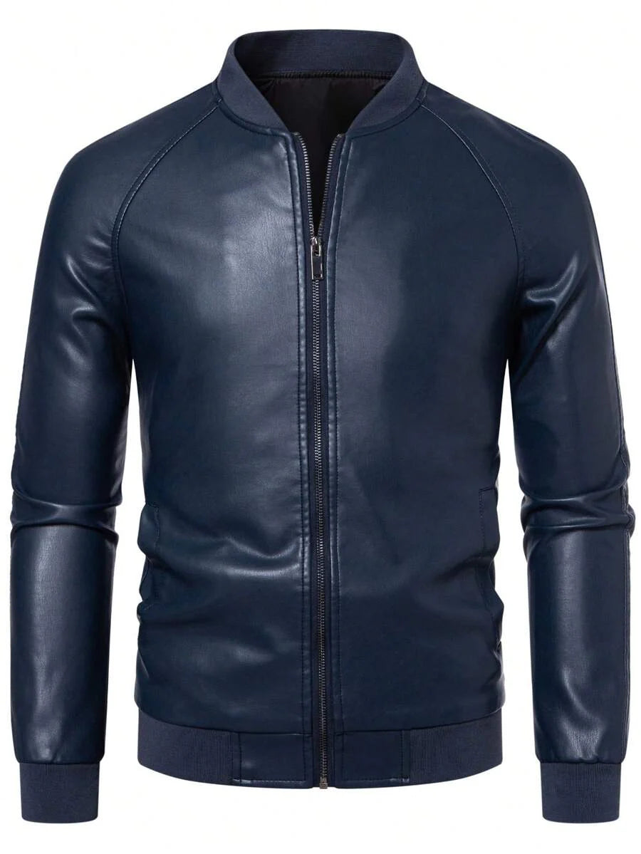 1pc Men's PU Leather Jacket, Casual Zip-Up Raglan Collar Motorcycle Riding Outerwear, Suitable For Spring/Autumn,Fleece