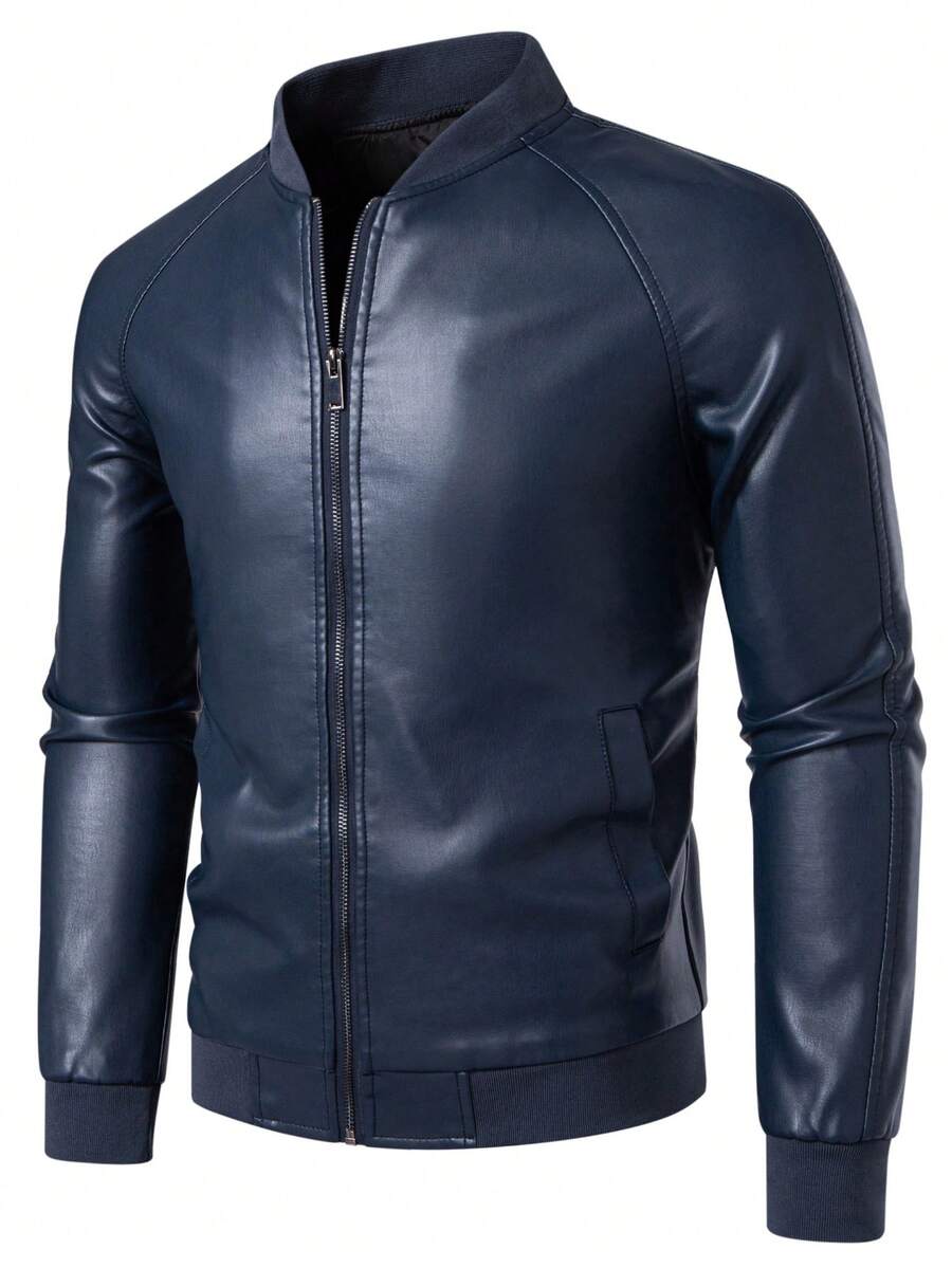 1pc Men's PU Leather Jacket, Casual Zip-Up Raglan Collar Motorcycle Riding Outerwear, Suitable For Spring/Autumn,Fleece