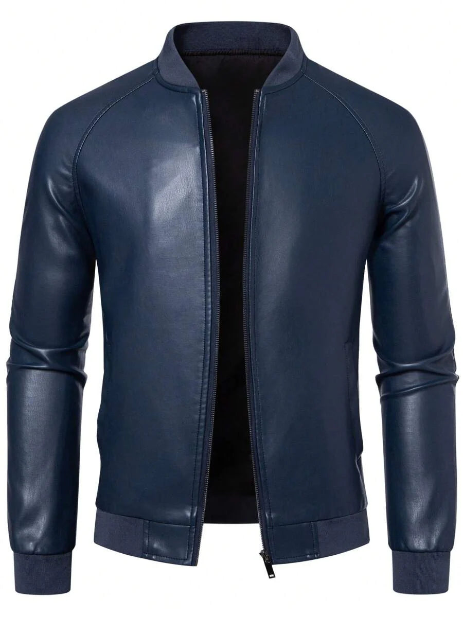 1pc Men's PU Leather Jacket, Casual Zip-Up Raglan Collar Motorcycle Riding Outerwear, Suitable For Spring/Autumn,Fleece