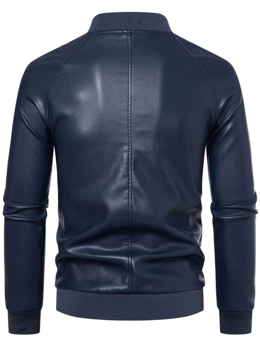 1pc Men's PU Leather Jacket, Casual Zip-Up Raglan Collar Motorcycle Riding Outerwear, Suitable For Spring/Autumn,Fleece
