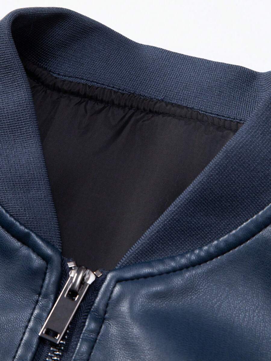 1pc Men's PU Leather Jacket, Casual Zip-Up Raglan Collar Motorcycle Riding Outerwear, Suitable For Spring/Autumn,Fleece