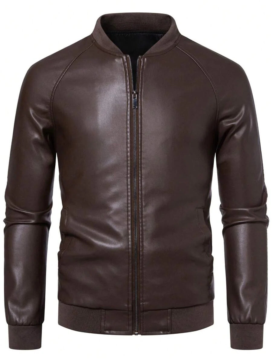 1pc Men's PU Leather Jacket, Casual Zip-Up Raglan Collar Motorcycle Riding Outerwear, Suitable For Spring/Autumn,Fleece