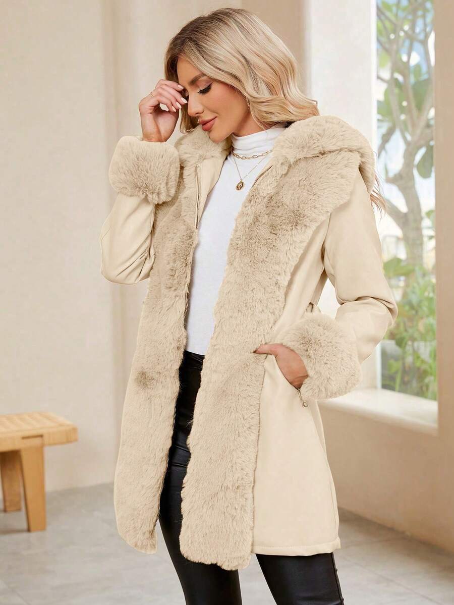 Giolshon Women's PU Jacket With Faux Fur And Belt - Perfect For Fall And Winter, And Stylish With Waist Tie For Casual Or Work Commute