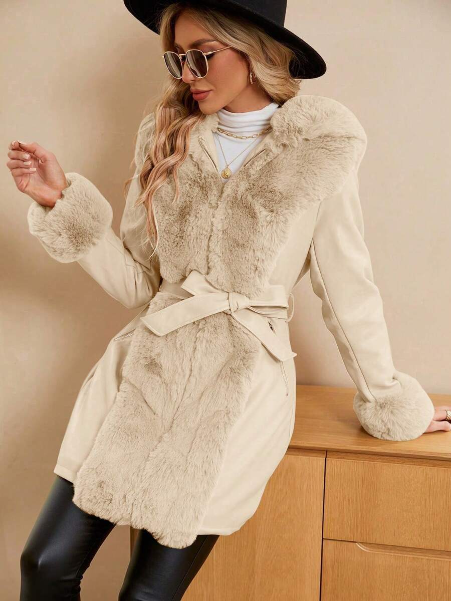 Giolshon Women's PU Jacket With Faux Fur And Belt - Perfect For Fall And Winter, And Stylish With Waist Tie For Casual Or Work Commute