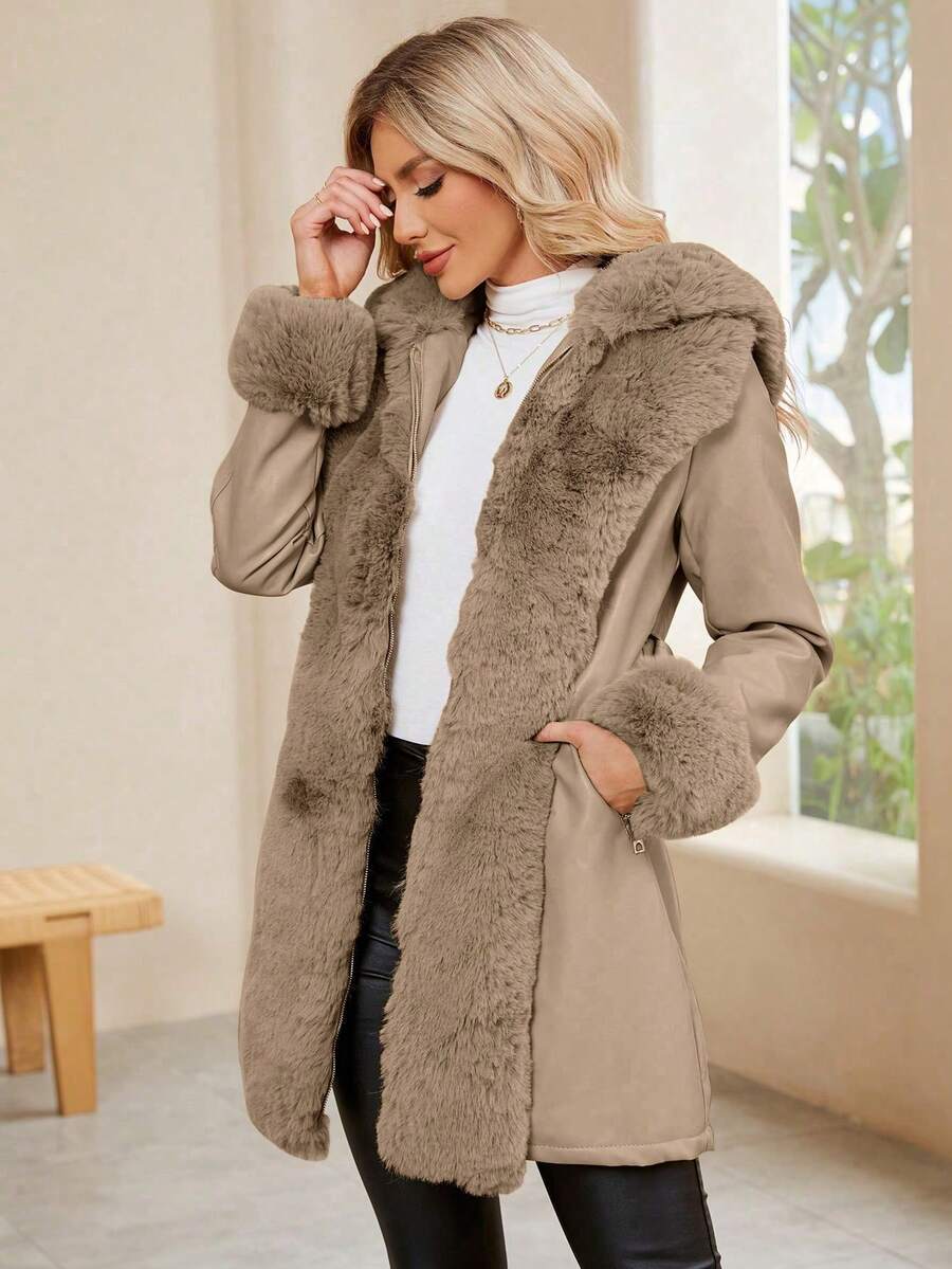 Giolshon Women's PU Jacket With Faux Fur And Belt - Perfect For Fall And Winter, And Stylish With Waist Tie For Casual Or Work Commute