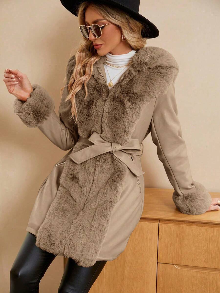Giolshon Women's PU Jacket With Faux Fur And Belt - Perfect For Fall And Winter, And Stylish With Waist Tie For Casual Or Work Commute