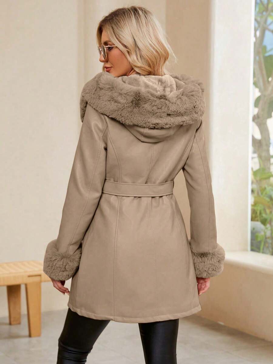 Giolshon Women's PU Jacket With Faux Fur And Belt - Perfect For Fall And Winter, And Stylish With Waist Tie For Casual Or Work Commute