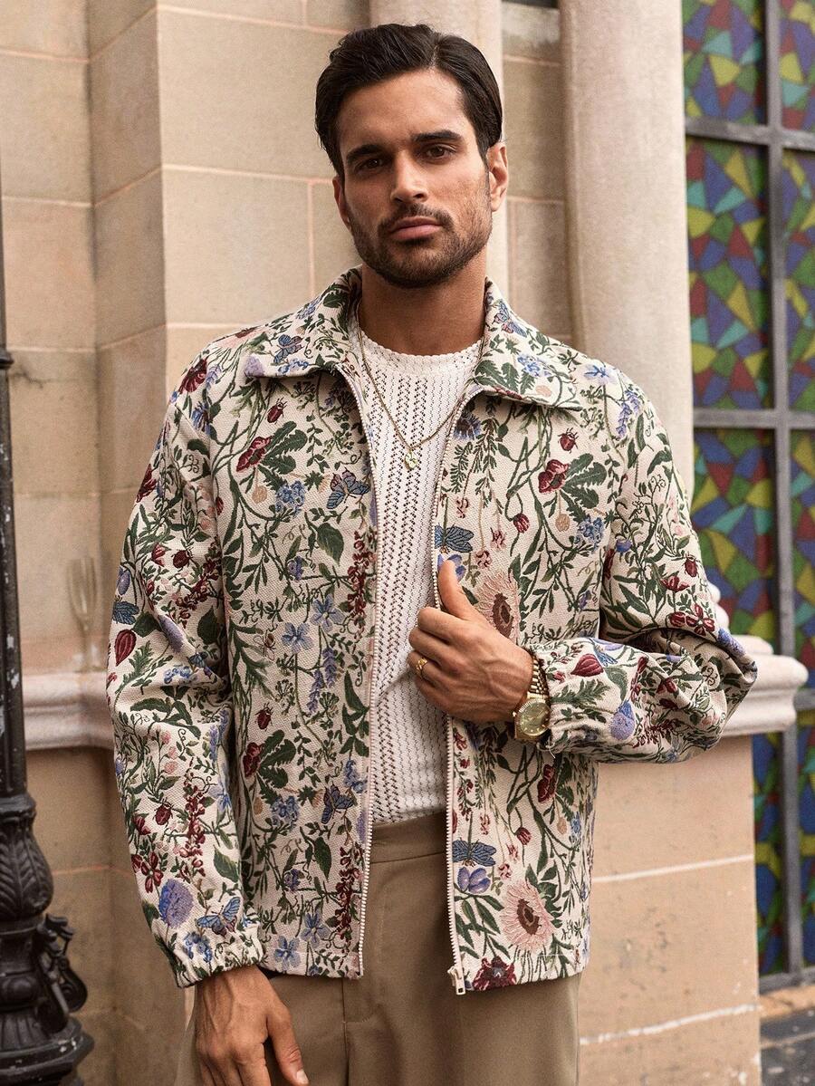 HIMLAND Men's Casual Floral Embroidered Jacket, Suitable For Everyday Wear, Fall, Winter