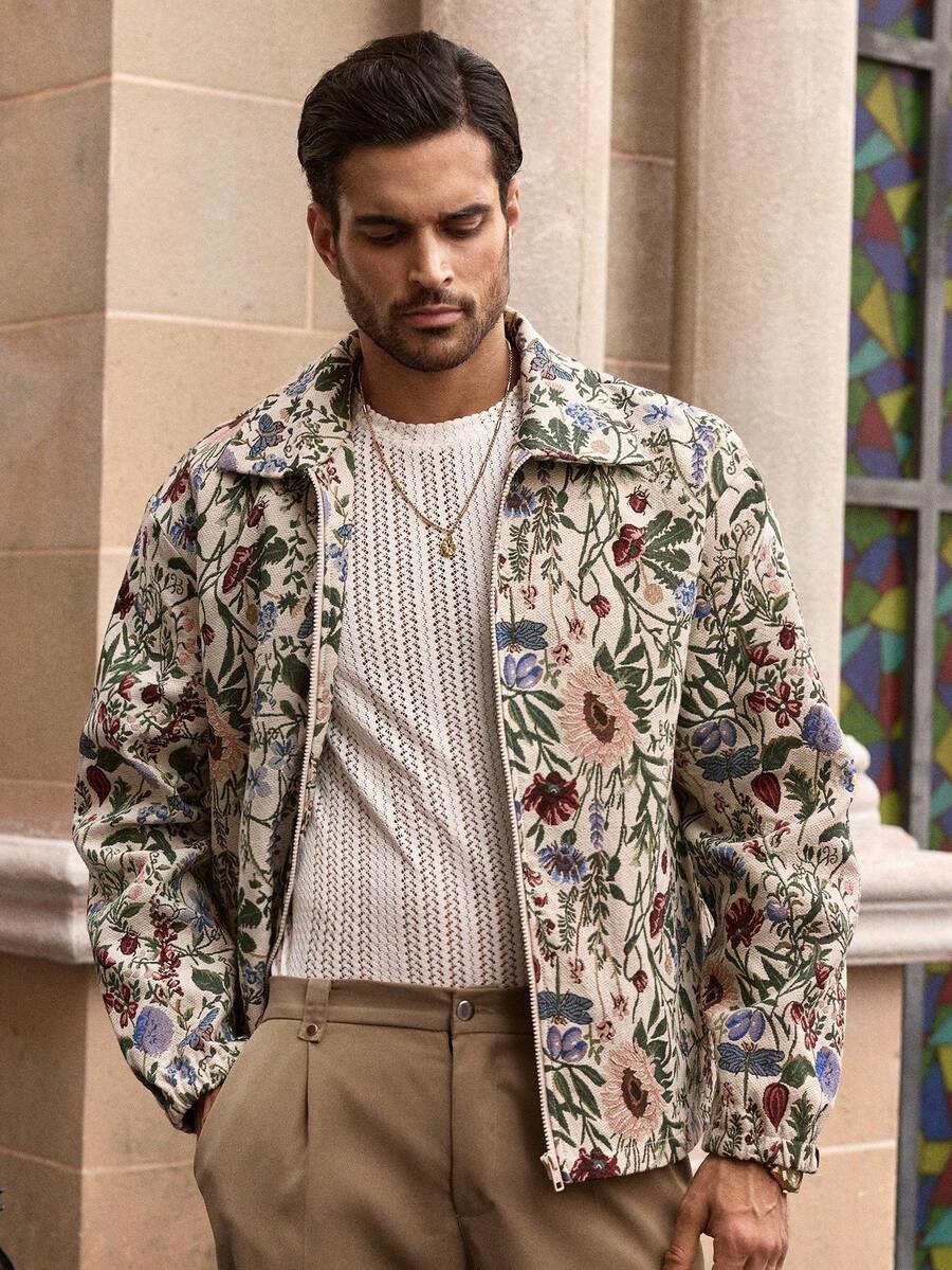 HIMLAND Men's Casual Floral Embroidered Jacket, Suitable For Everyday Wear, Fall, Winter