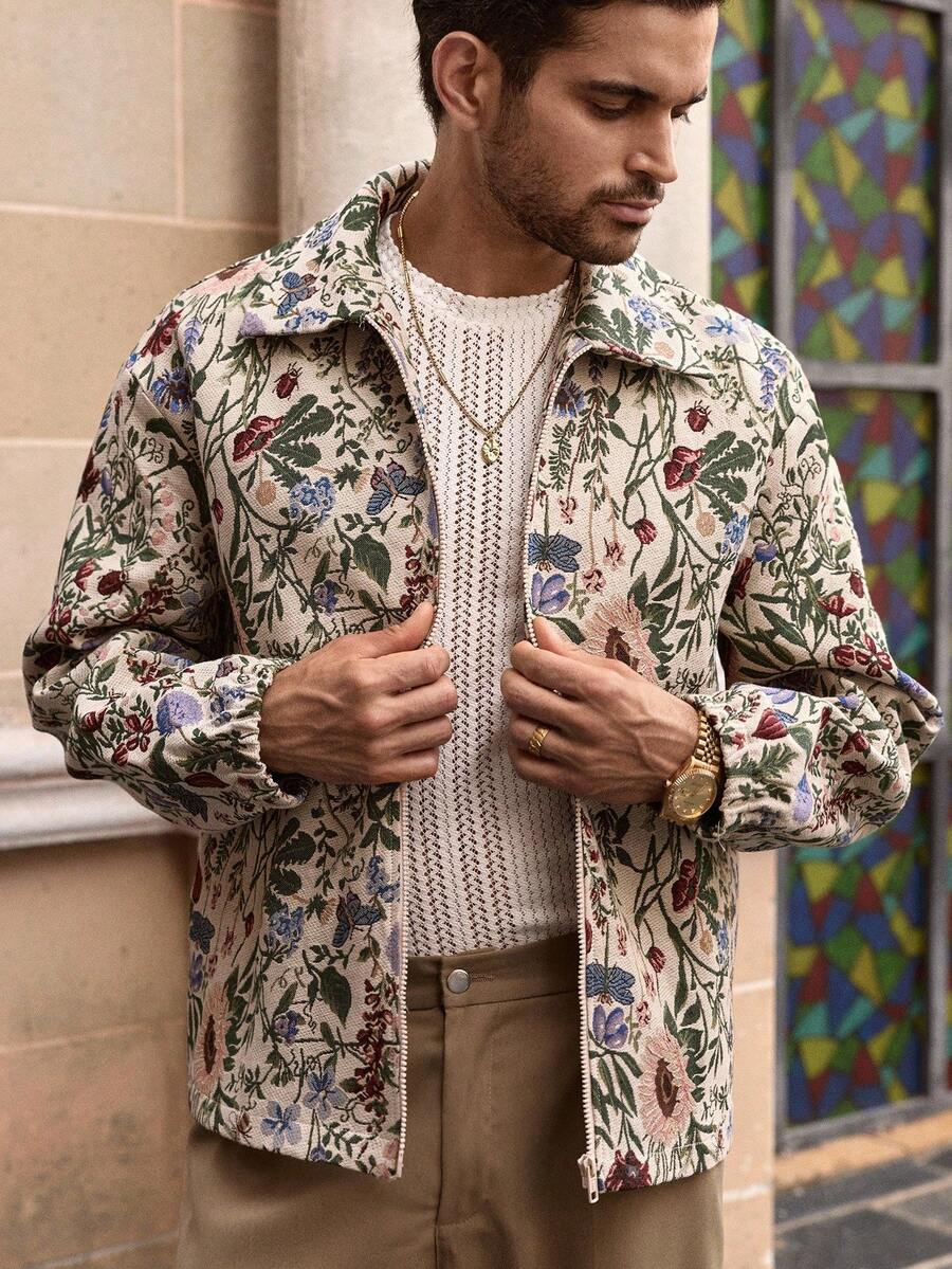 HIMLAND Men's Casual Floral Embroidered Jacket, Suitable For Everyday Wear, Fall, Winter