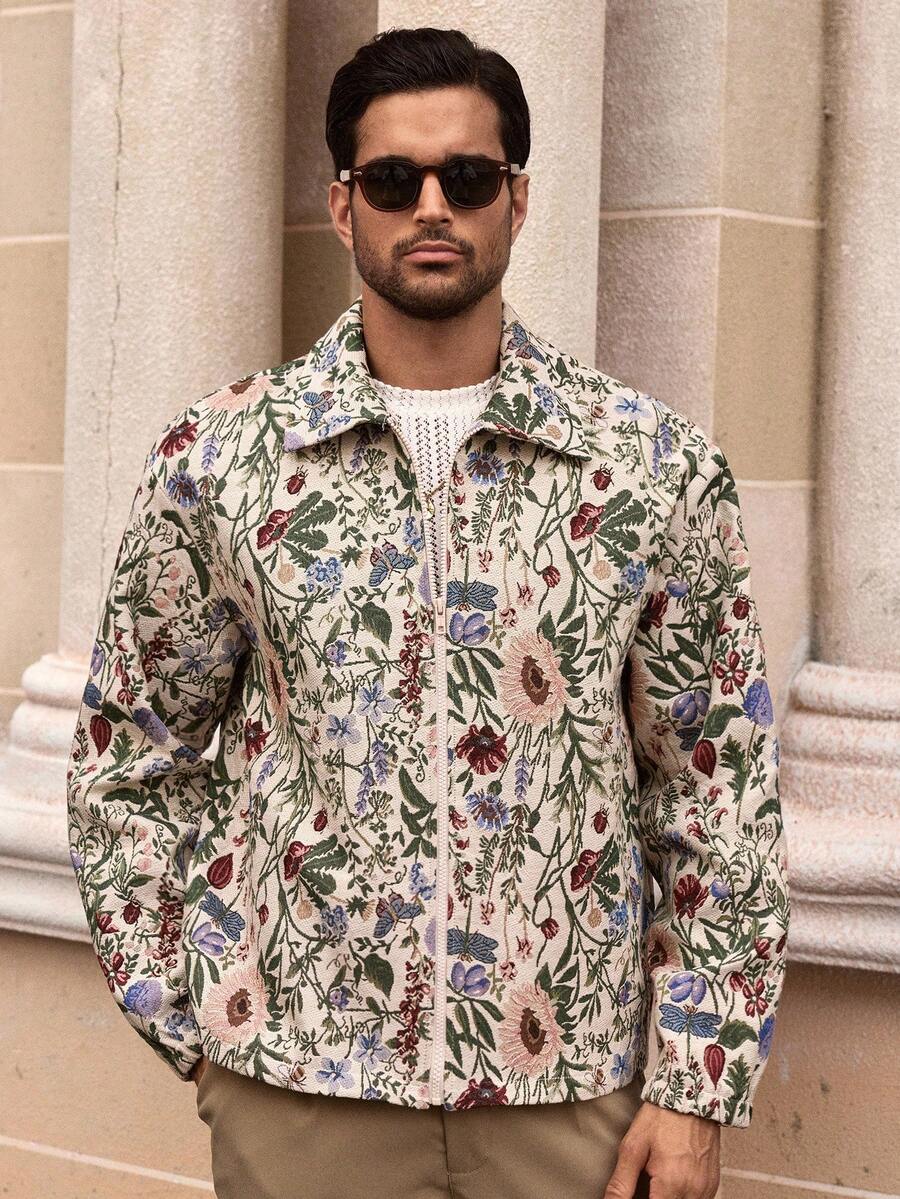 HIMLAND Men's Casual Floral Embroidered Jacket, Suitable For Everyday Wear, Fall, Winter