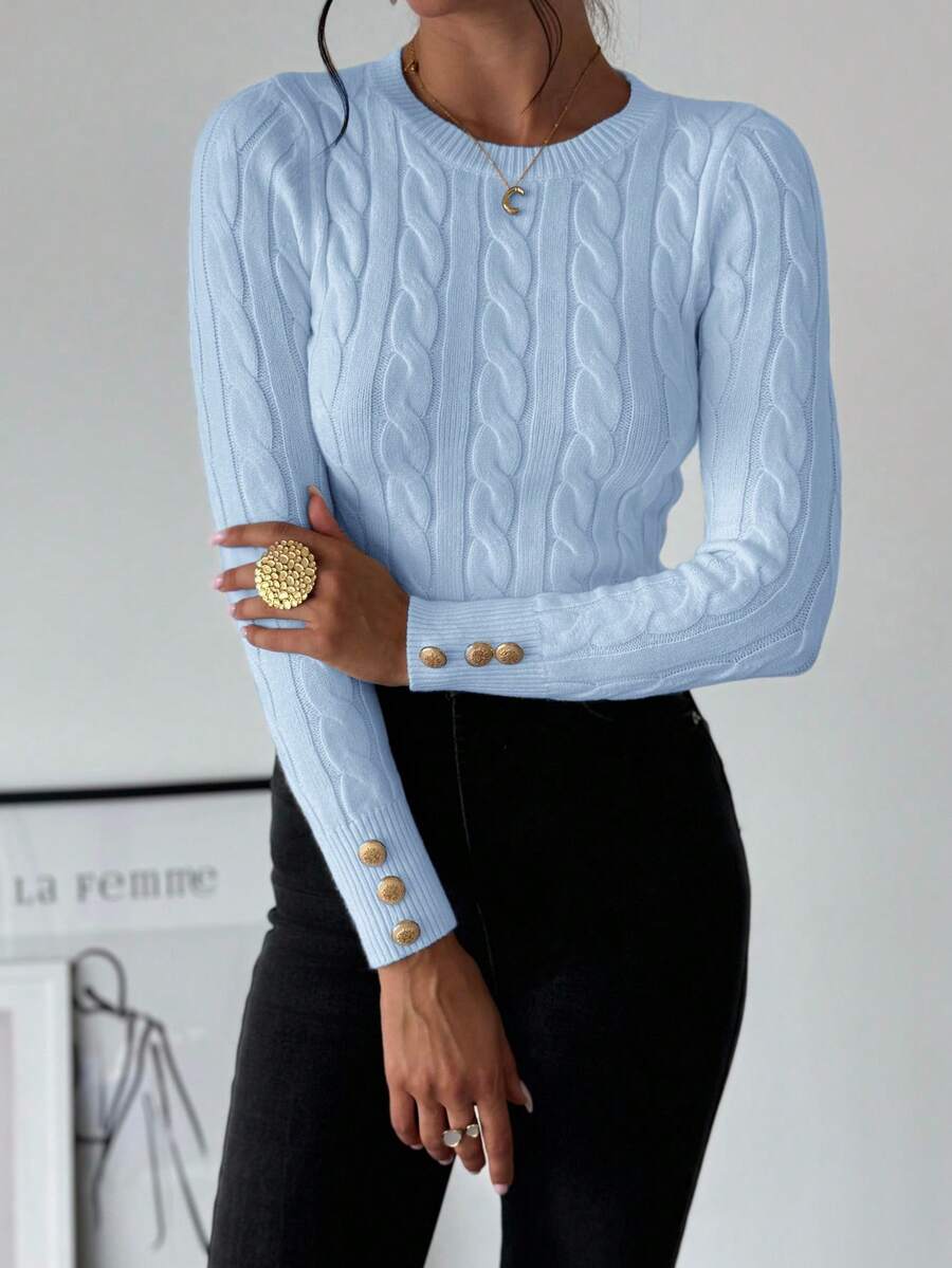 Firerie Women's Elegant Casual College Style Versatile White Crew Neck Cable Knit Button Decor Fitted Sweater