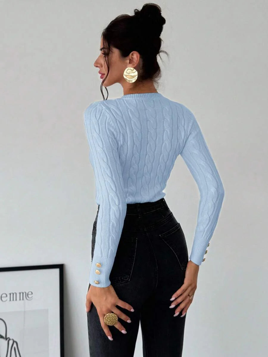 Firerie Women's Elegant Casual College Style Versatile White Crew Neck Cable Knit Button Decor Fitted Sweater