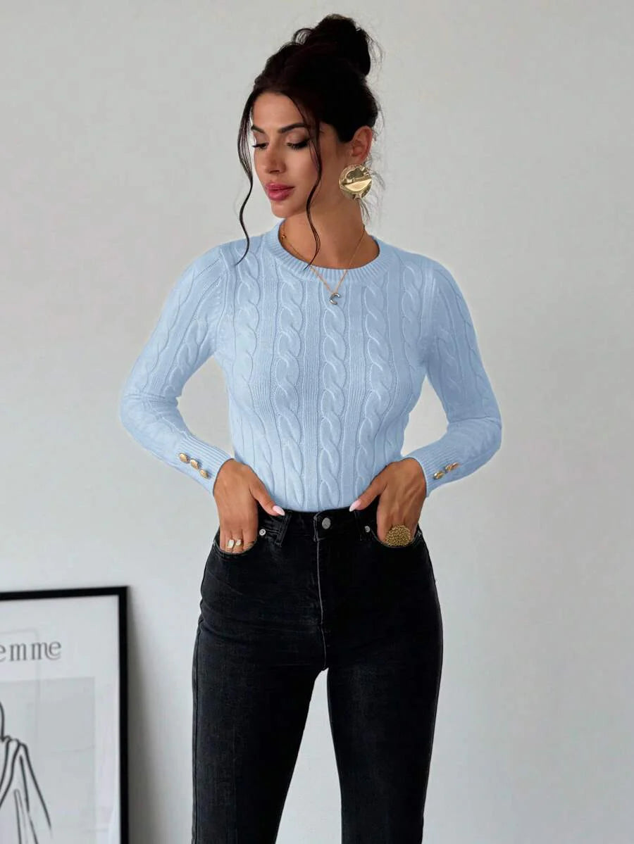 Firerie Women's Elegant Casual College Style Versatile White Crew Neck Cable Knit Button Decor Fitted Sweater