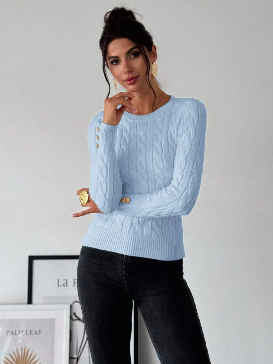Firerie Women's Elegant Casual College Style Versatile White Crew Neck Cable Knit Button Decor Fitted Sweater