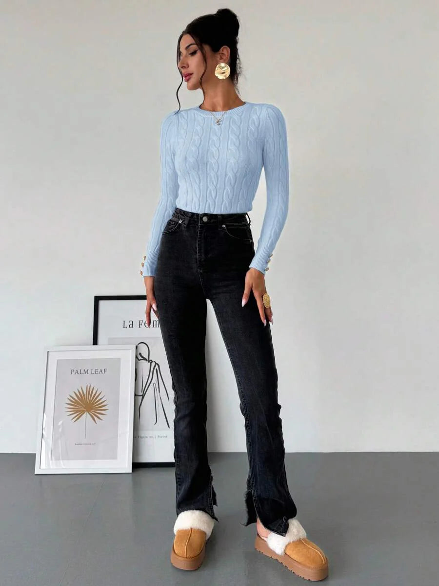 Firerie Women's Elegant Casual College Style Versatile White Crew Neck Cable Knit Button Decor Fitted Sweater