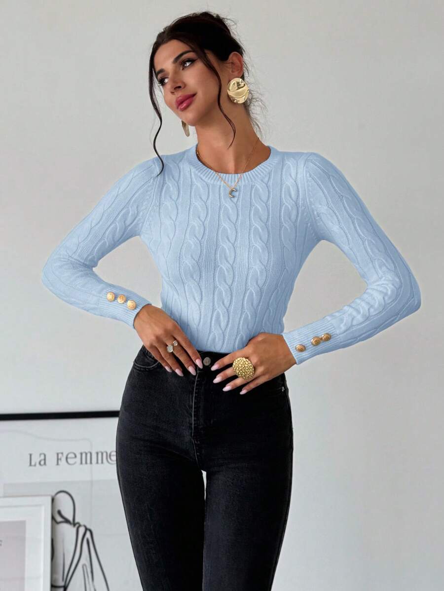 Firerie Women's Elegant Casual College Style Versatile White Crew Neck Cable Knit Button Decor Fitted Sweater