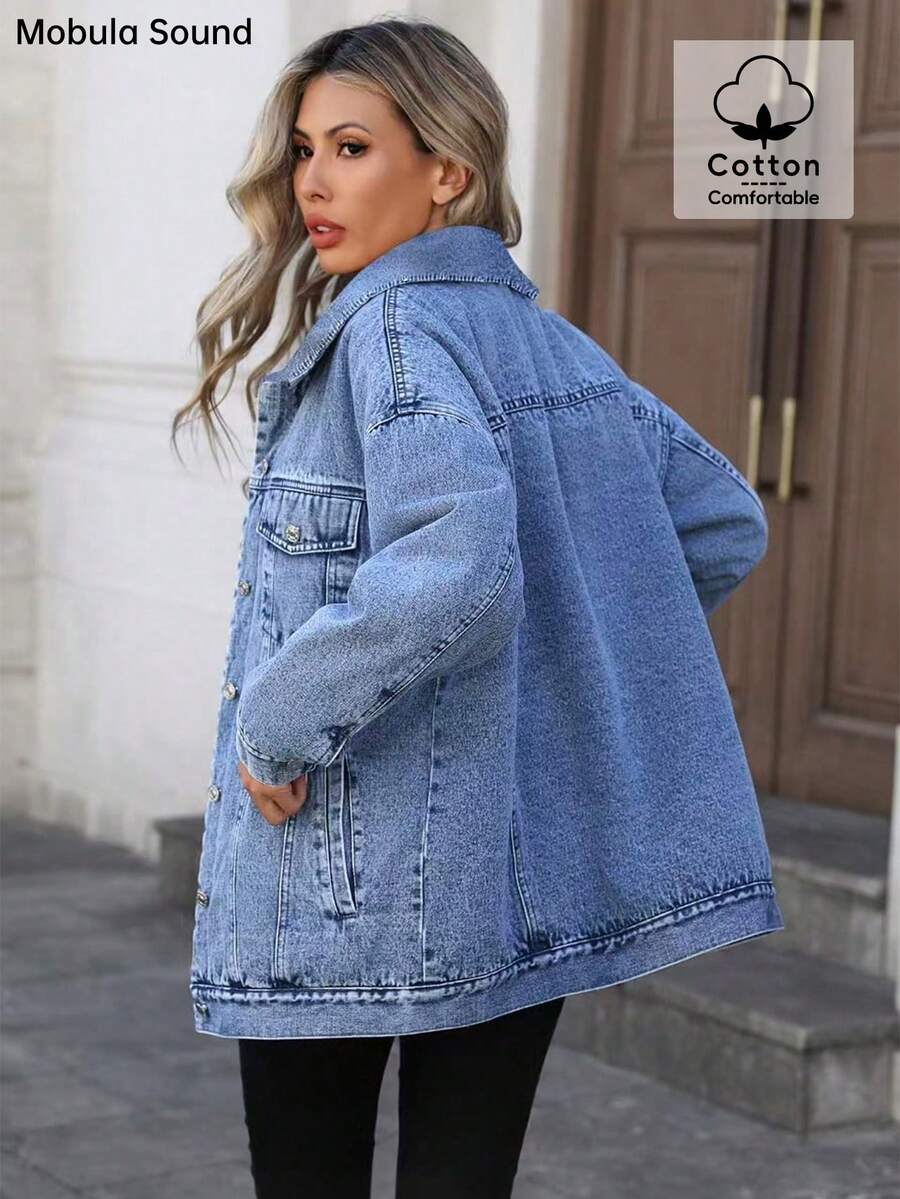 Middle East Versatile Casual Sports Fashion Women's Spring Autumn Winter Fleece Windproof Jacket, Blue Y2K College Style Young Women Denim Jacket
