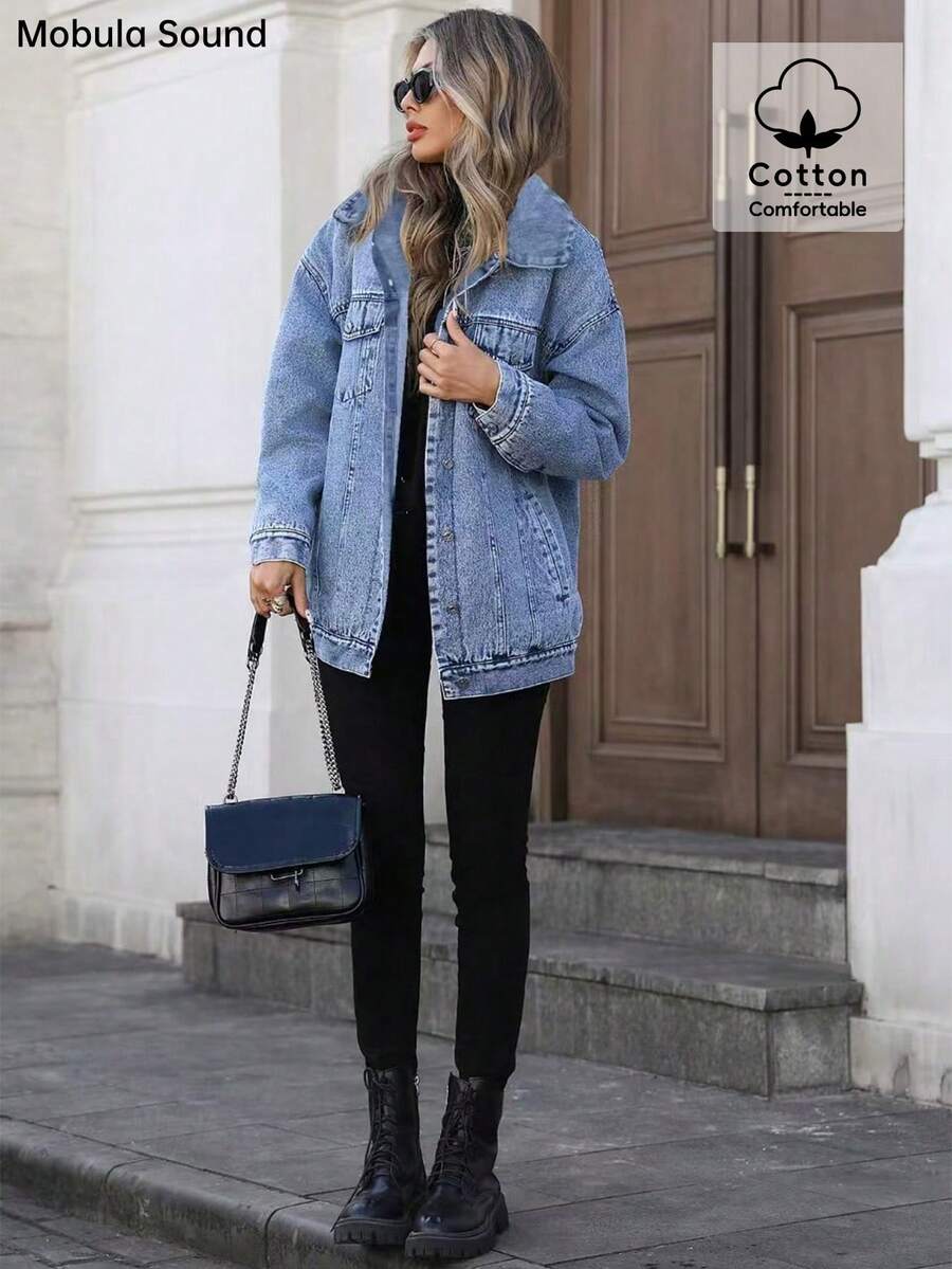 Middle East Versatile Casual Sports Fashion Women's Spring Autumn Winter Fleece Windproof Jacket, Blue Y2K College Style Young Women Denim Jacket