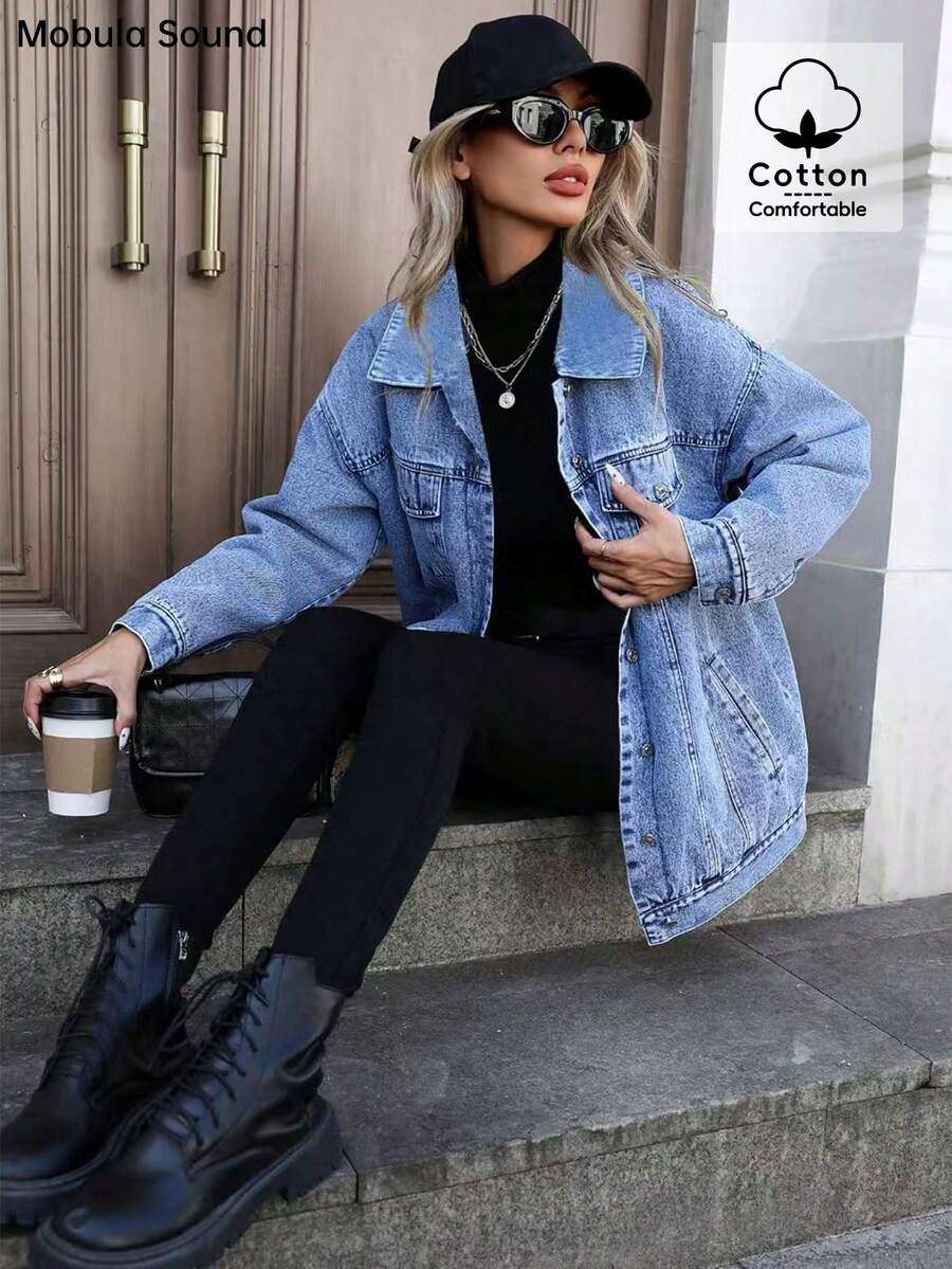 Middle East Versatile Casual Sports Fashion Women's Spring Autumn Winter Fleece Windproof Jacket, Blue Y2K College Style Young Women Denim Jacket