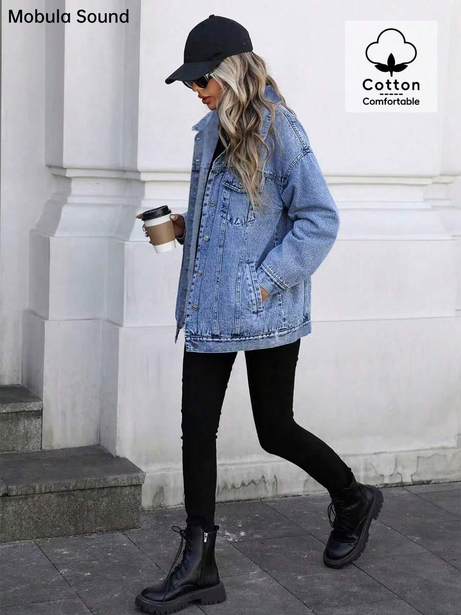 Middle East Versatile Casual Sports Fashion Women's Spring Autumn Winter Fleece Windproof Jacket, Blue Y2K College Style Young Women Denim Jacket