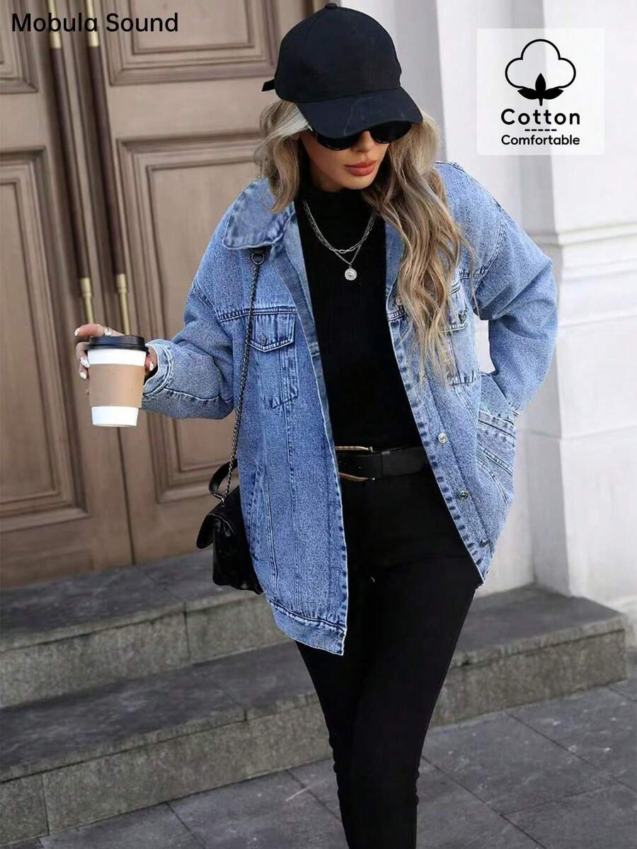 Middle East Versatile Casual Sports Fashion Women's Spring Autumn Winter Fleece Windproof Jacket, Blue Y2K College Style Young Women Denim Jacket