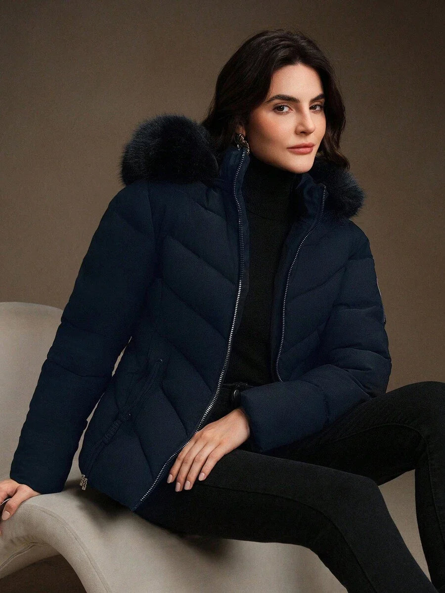 Anewsta Women's Solid Color Long Sleeve Zipper Collar Patchwork Fuzzy Hooded Padded Coat, Winter