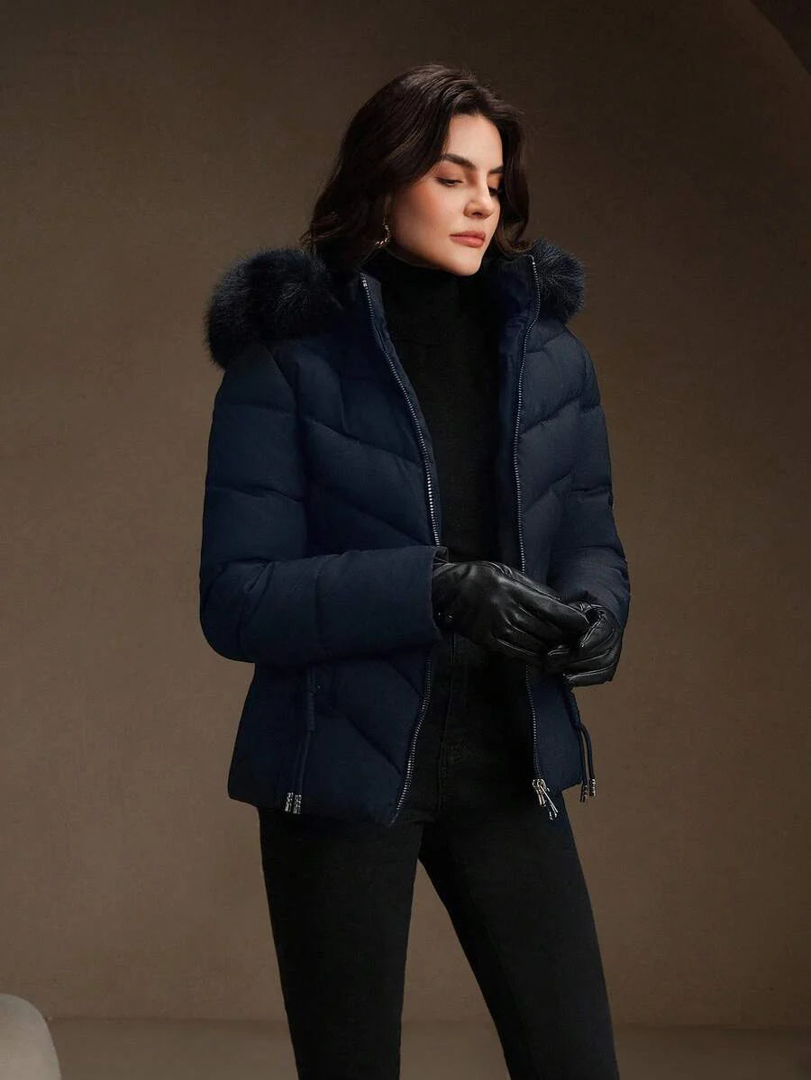 Anewsta Women's Solid Color Long Sleeve Zipper Collar Patchwork Fuzzy Hooded Padded Coat, Winter
