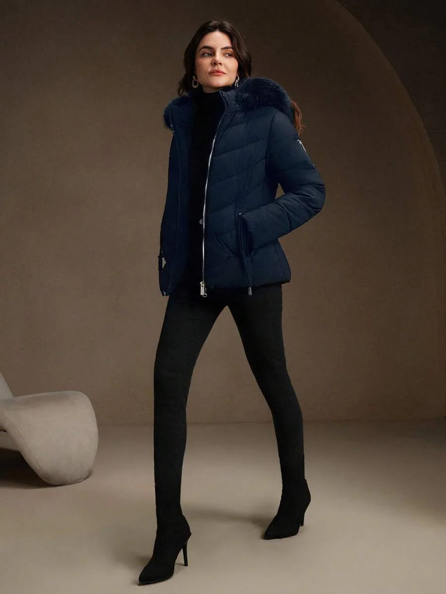 Anewsta Women's Solid Color Long Sleeve Zipper Collar Patchwork Fuzzy Hooded Padded Coat, Winter
