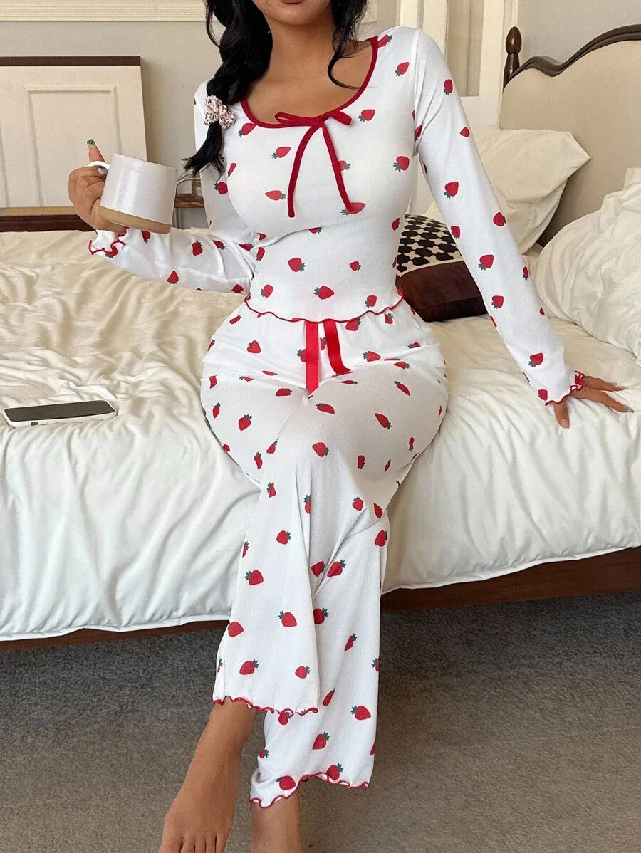SHEIN Miss Vinta Red And White Long Sleeve Playful Strawberry Top