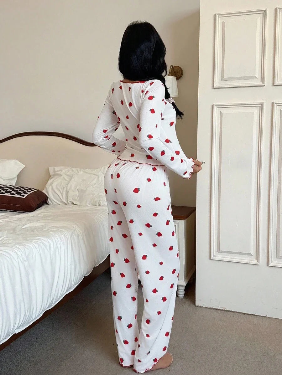 SHEIN Miss Vinta Red And White Long Sleeve Playful Strawberry Top