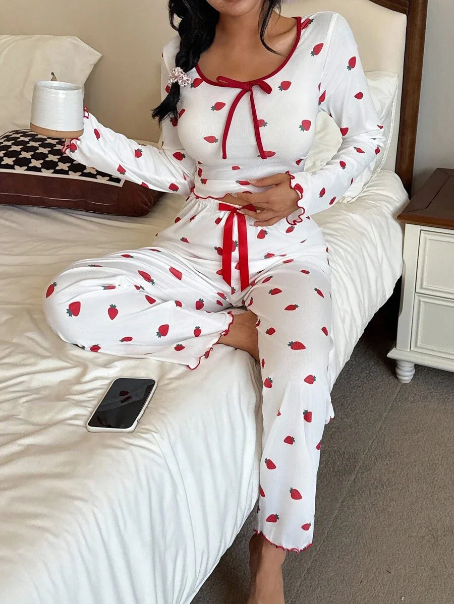 SHEIN Miss Vinta Red And White Long Sleeve Playful Strawberry Top