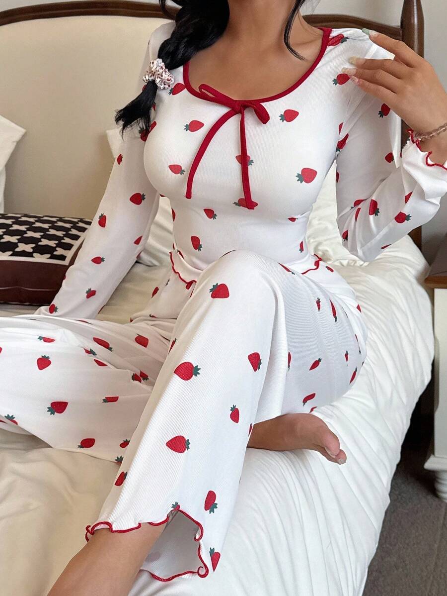 SHEIN Miss Vinta Red And White Long Sleeve Playful Strawberry Top