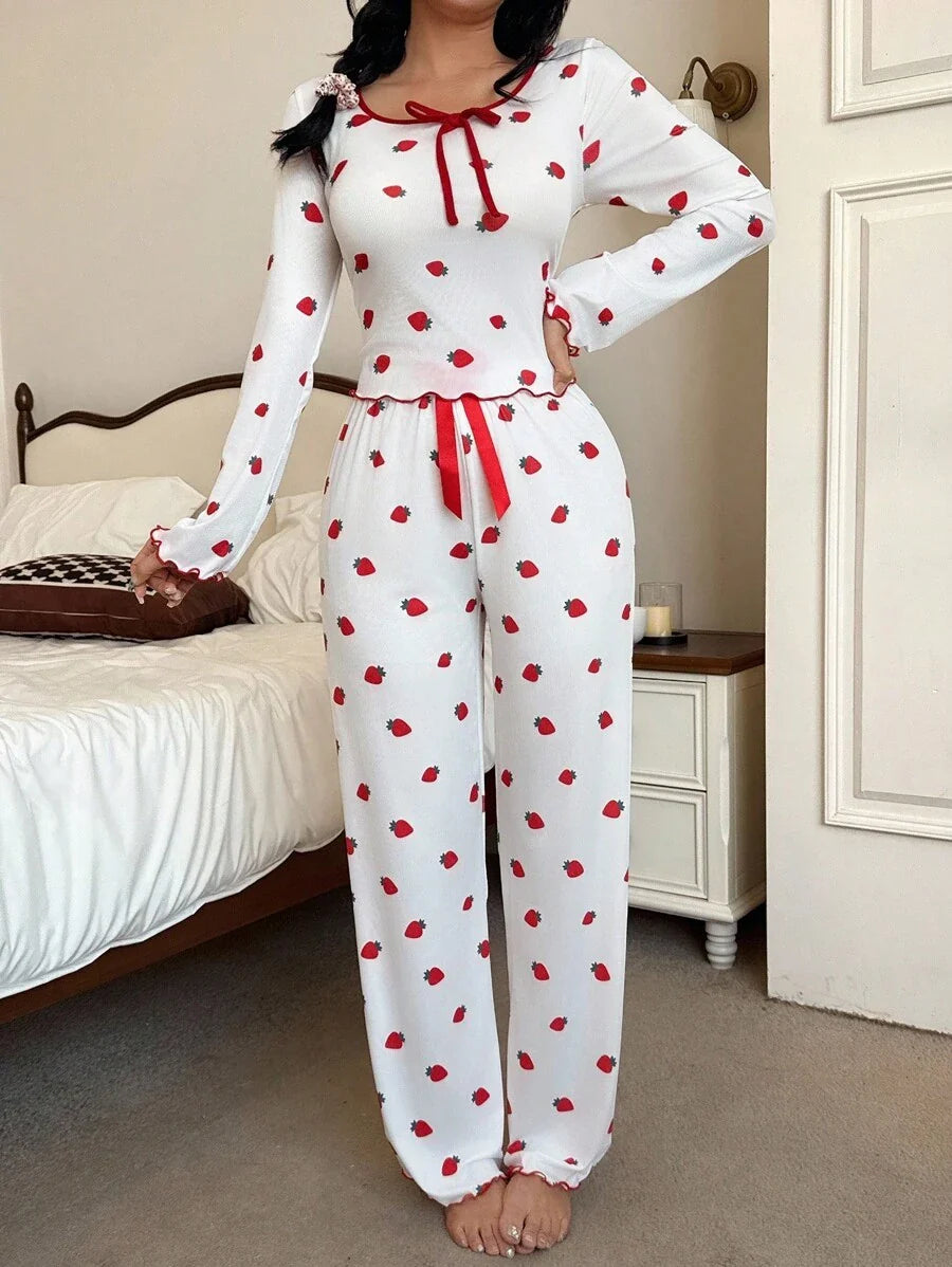 SHEIN Miss Vinta Red And White Long Sleeve Playful Strawberry Top
