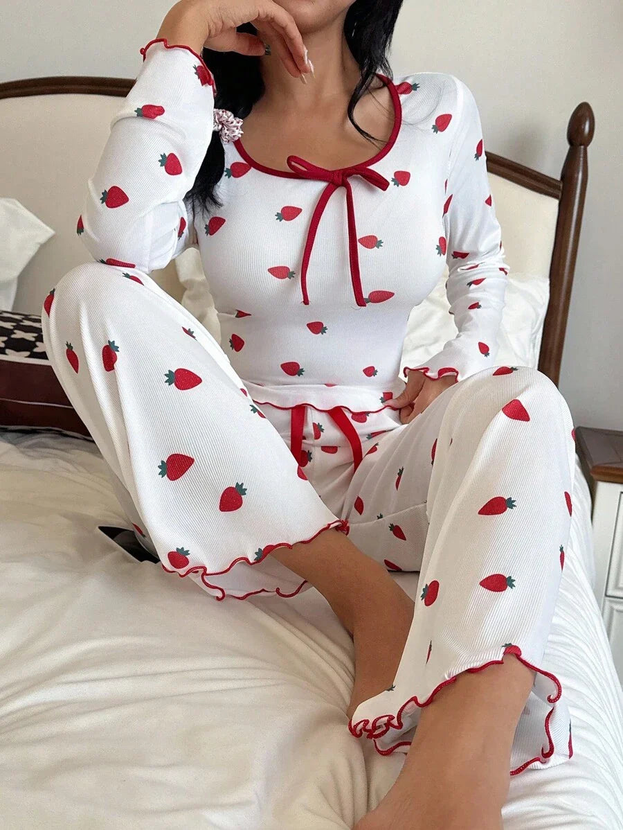 SHEIN Miss Vinta Red And White Long Sleeve Playful Strawberry Top