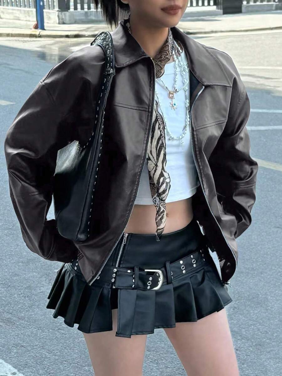 INAWLY Women's Loose Fit Long Sleeve Leather Jacket, Motorcycle Casual Style, Autumn/Winter Fall Cloth For Women