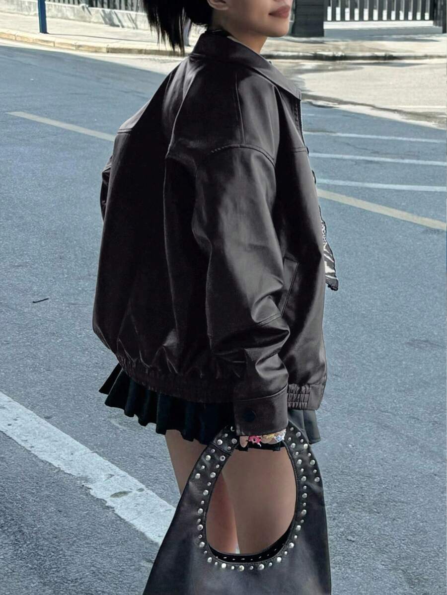 INAWLY Women's Loose Fit Long Sleeve Leather Jacket, Motorcycle Casual Style, Autumn/Winter Fall Cloth For Women