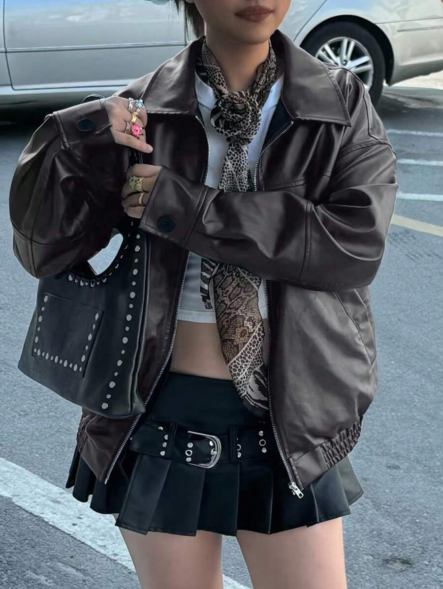 INAWLY Women's Loose Fit Long Sleeve Leather Jacket, Motorcycle Casual Style, Autumn/Winter Fall Cloth For Women